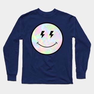 Holo Trippy lightning eyes Smiley Face Black Outline lightning eyes vaporwave Long Sleeve T-Shirt